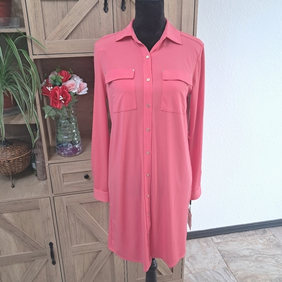 Calvin Klein Dresses & Skirts - New Calvin Klein Pink Aline Dress Button Down Collard Long Sleeve Preppy